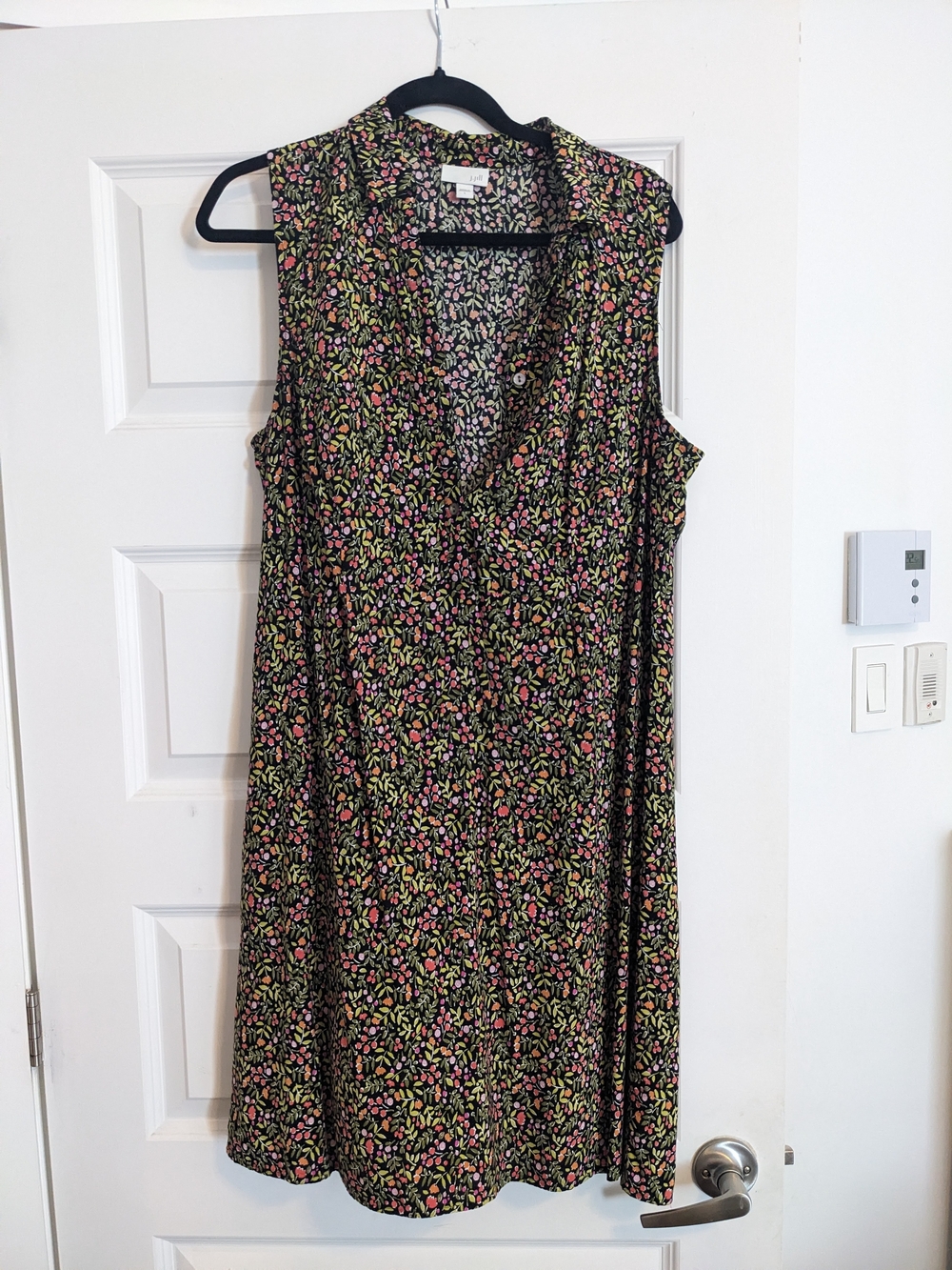 J. Jill Black Floral V-Neck Sleeveless Dress with Pink and Green Accents